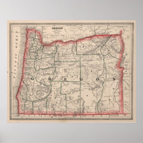Vintage Map of Oregon 1883 Poster