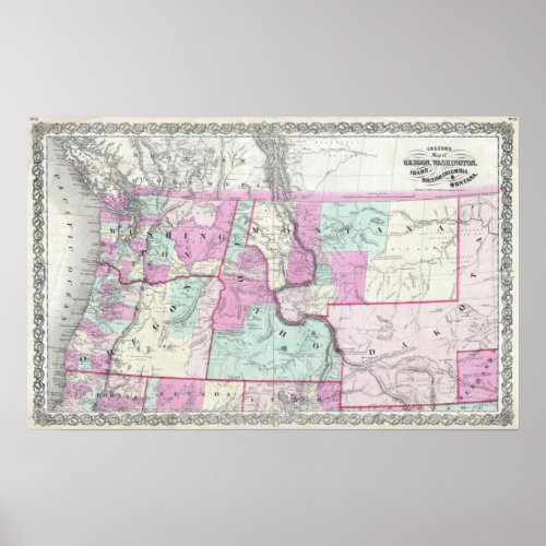 Vintage Map of Oregon Washington Idaho Poster
