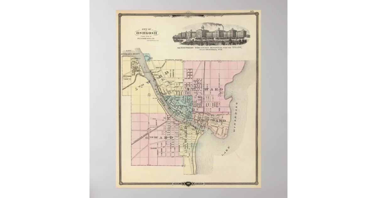 Vintage Map of Oshkosh WI (1878) Poster Zazzle