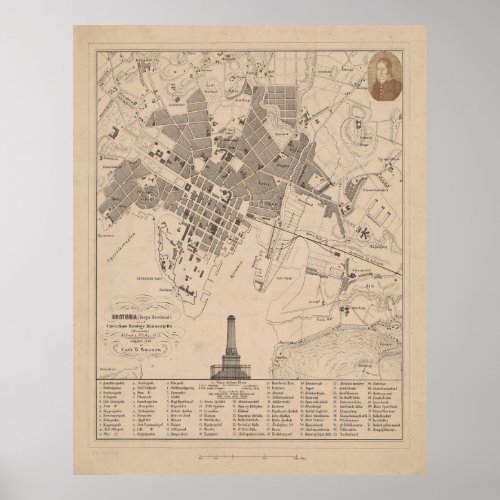 Vintage Map of Oslo Norway 1869 Poster