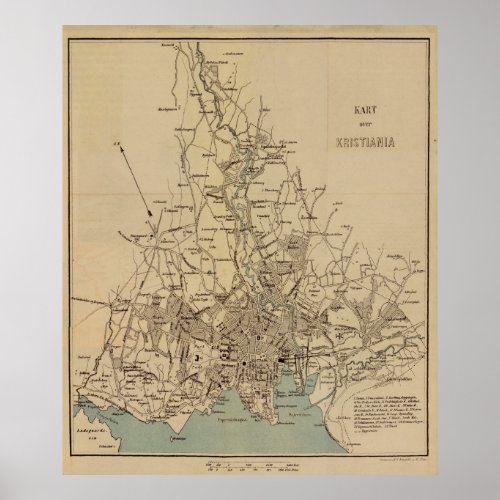 Vintage Map of Oslo Norway 1881 Poster