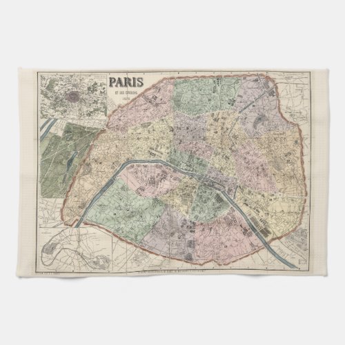 Vintage Map of Paris 1878 Kitchen Towel