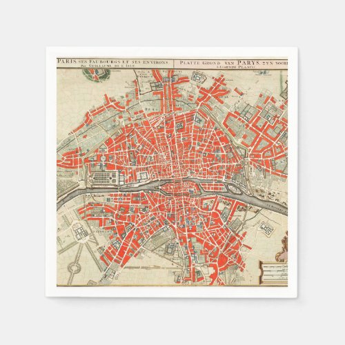 Vintage Map of Paris France 17211774 Napkins