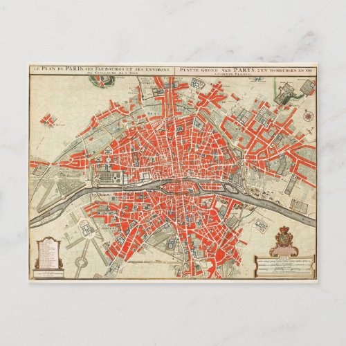 Vintage Map of Paris France 17211774 Postcard
