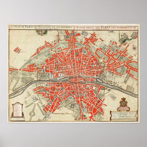 Vintage Map of Paris France 17211774 Poster