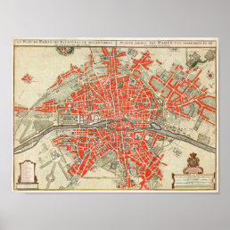 Vintage Map of Paris France (1721–1774) Poster