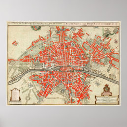 Vintage Map of Paris France (1721–1774) Poster
