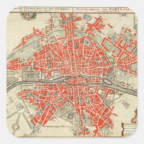 Vintage Map of Paris France 17211774 Square Sticker