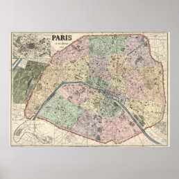 Vintage Map of Paris France 1878 Poster