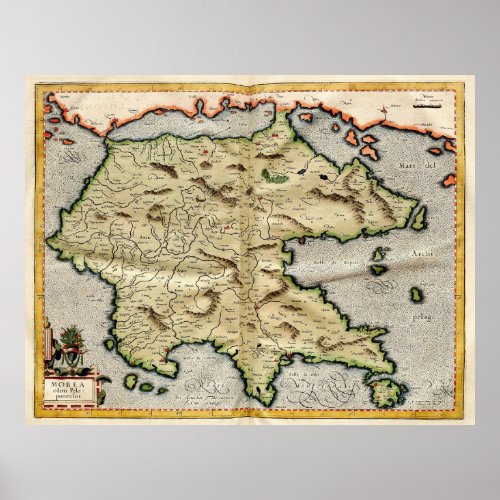 Vintage Map of Peloponnese 1596 Poster