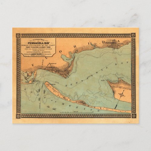 Vintage map of Pensacola Florida bay Postcard