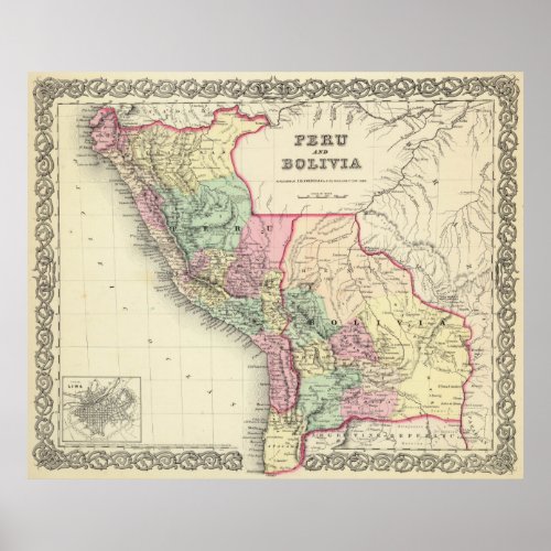 Vintage Map of Peru and Bolivia 1856 Poster