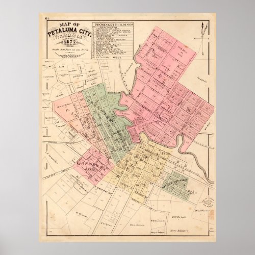 Vintage Map of Petaluma CA 1877 Poster
