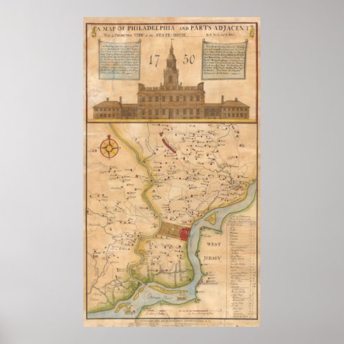 Vintage Map of Philadelphia Pennsylvania 1750 Poster