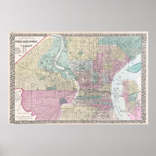 Vintage Map of Philadelphia Pennsylvania 1876 Poster