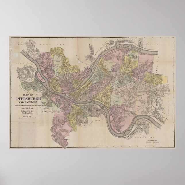 Vintage Map of Pittsburgh PA (1919) Poster (Front)