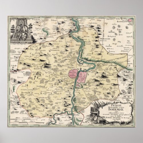 Vintage Map of Prague  Surrounding Area 1740 Poster