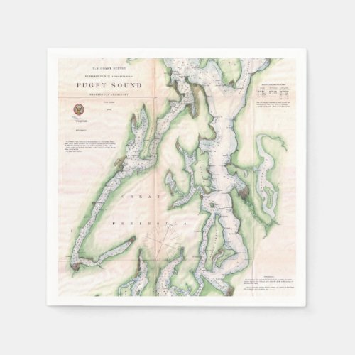 Vintage Map of Puget Sound Washington Coast 1867 Napkins