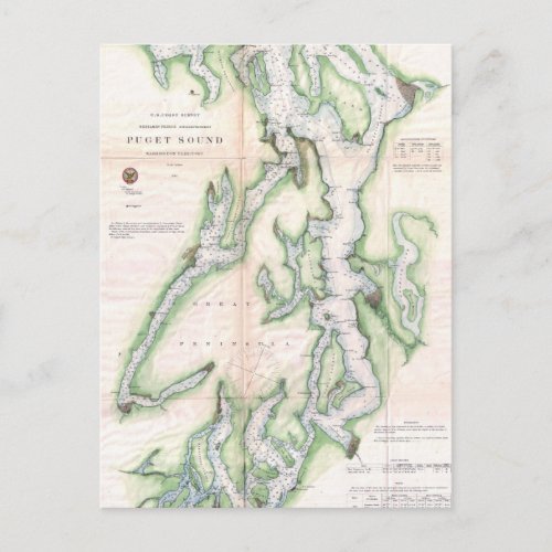 Vintage Map of Puget Sound Washington Coast 1867 Postcard