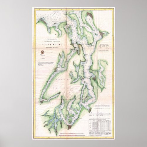 Vintage Map of Puget Sound Washington Coast 1867 Poster