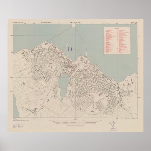 Vintage Map of Reykjavik Iceland 1943 Poster