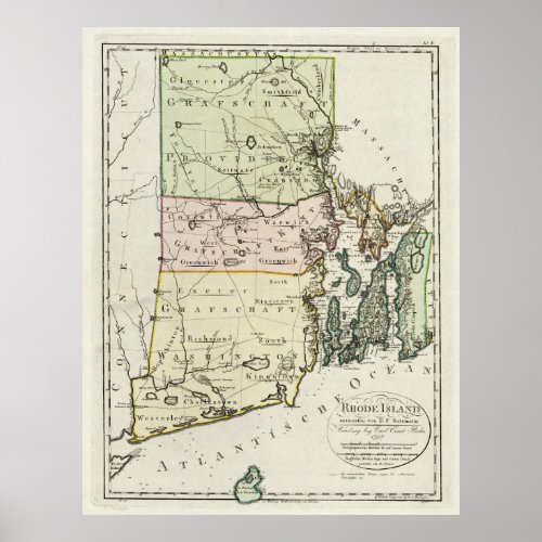 Vintage Map of Rhode Island 1797 Poster