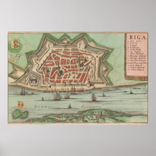 Vintage Map of Riga Latvia 1735 Poster