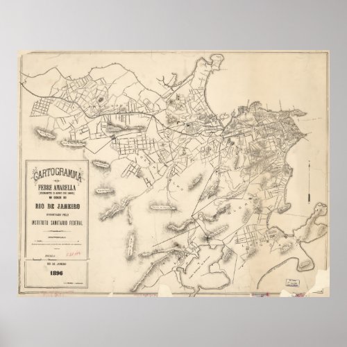 Vintage Map of Rio de Janeiro Brazil 1896 Poster