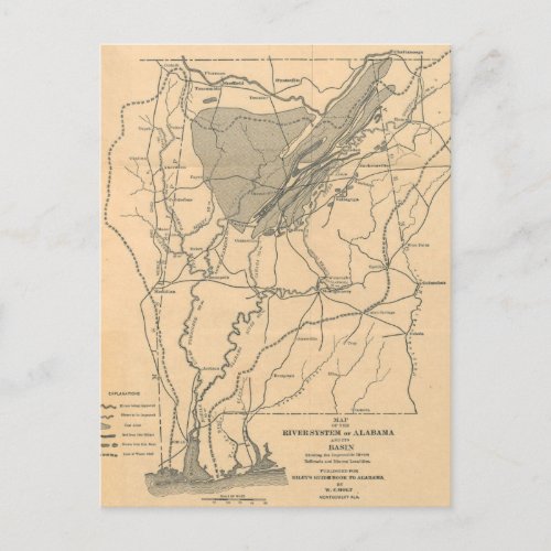 Vintage Map of River System of Alabama 1887 Postcard