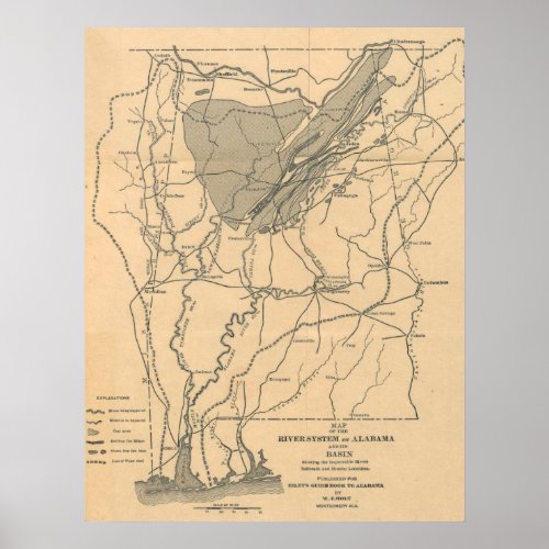 Vintage Map of River System of Alabama 1887 Poster