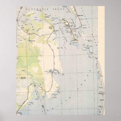 Vintage Map of Roanoke Island  Outer Banks NC Poster