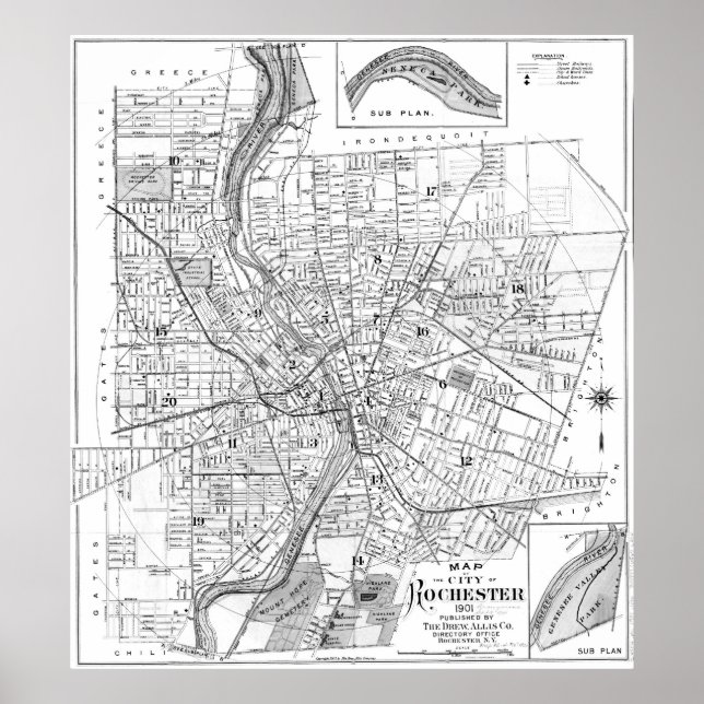 Vintage Map of Rochester NY (1901) BW Poster (Front)
