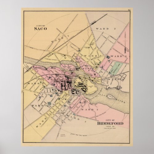 Vintage Map of Saco  Biddeford ME 1885 Poster