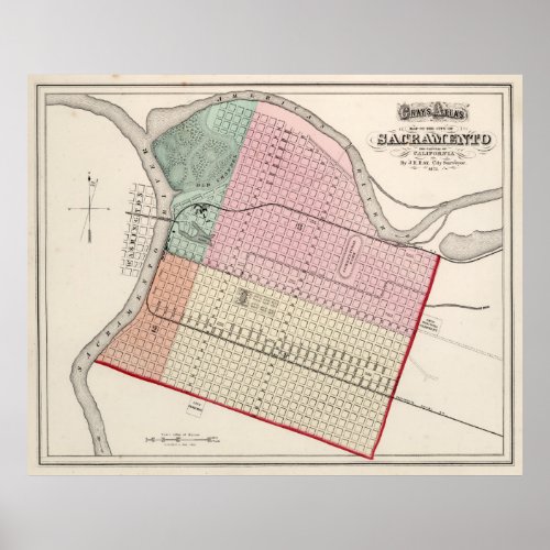 Vintage Map of Sacramento CA 1873 Poster