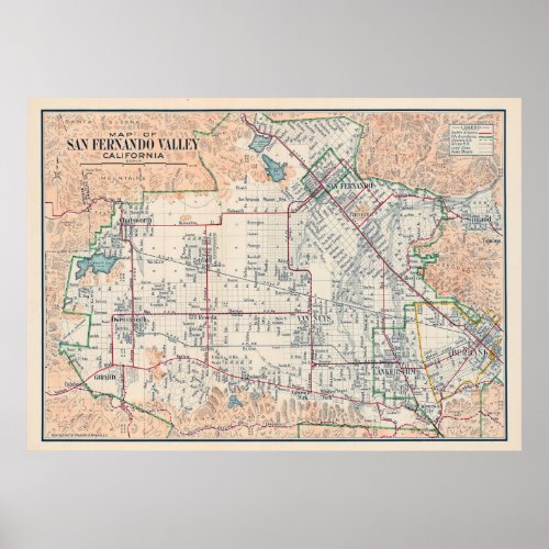 Vintage Map of San Fernando Valley CA 1923 Poster