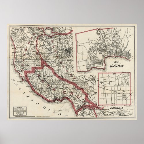 Vintage Map of Santa Cruz County CA 1914 Poster