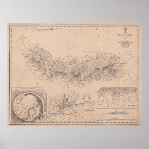 Vintage Map of Sao Miguel Island Azores 1854 Poster