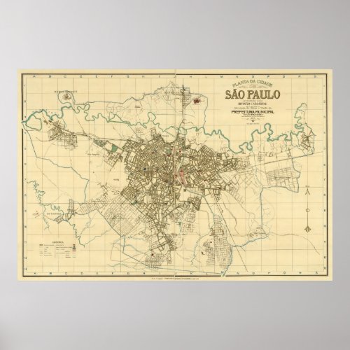 Vintage Map of Sao Paulo Brazil 1916 Poster
