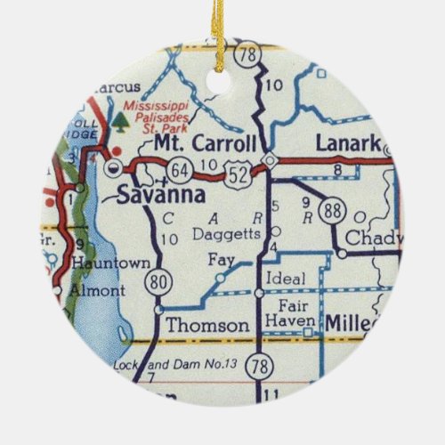 Vintage Map of Savanna Illinois Ceramic Ornament