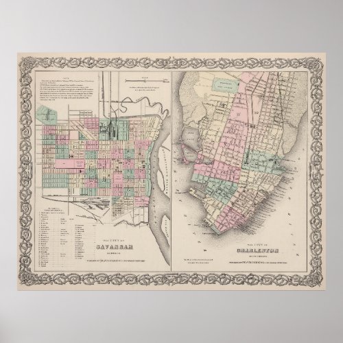 Vintage Map of Savannah GA and Charleston SC 1886 Poster