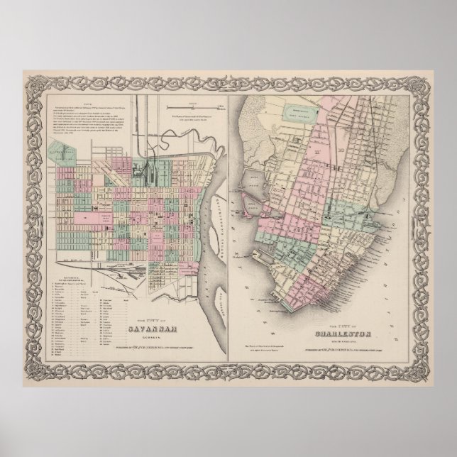 Vintage Map of Savannah GA and Charleston SC 1886 Poster (Front)