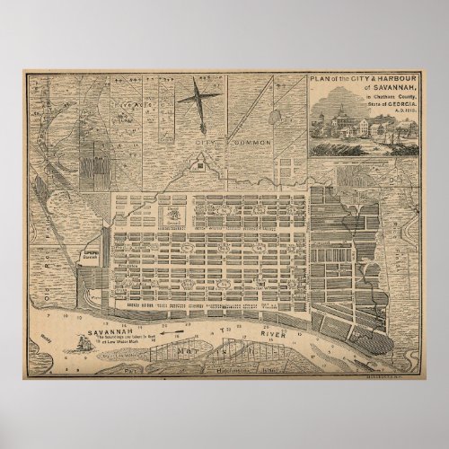 Vintage Map of Savannah Georgia 1818 Poster