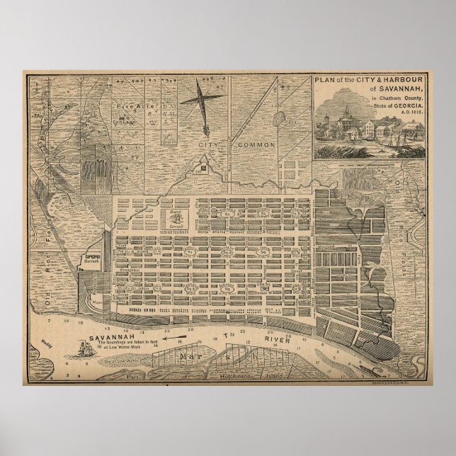 Vintage Map of Savannah Georgia (1818) Poster (Front)