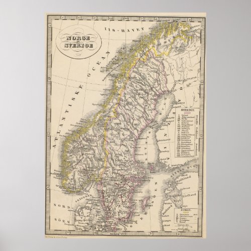 Vintage Map of Scandinavia 1857 Poster