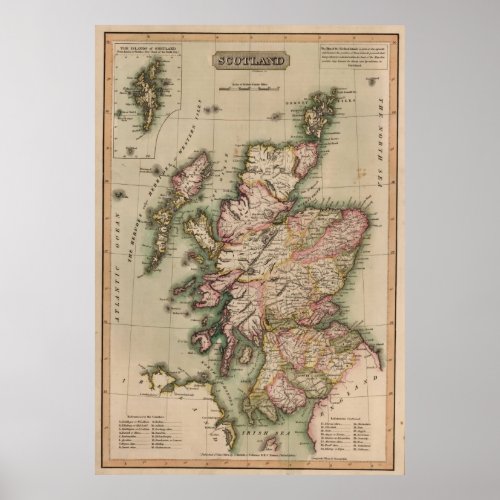 Vintage Map of Scotland 1814 Poster