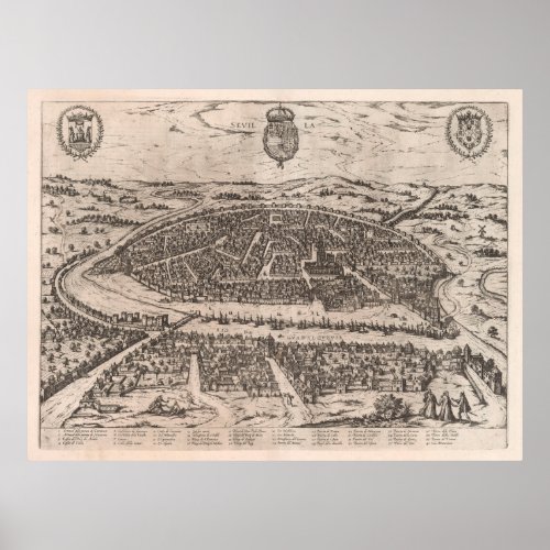 Vintage Map of Seville Spain 1588 Poster