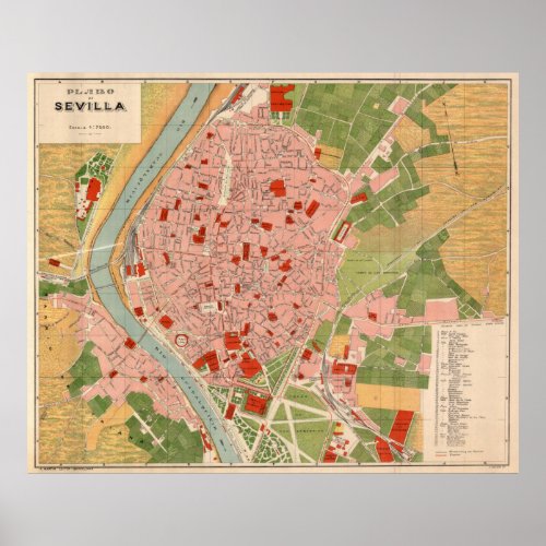 Vintage Map of Seville Spain 1918 Poster