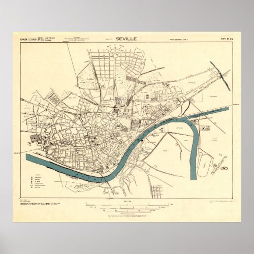 Vintage Map of Seville Spain 1943 Poster