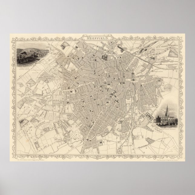Vintage Map of Sheffield England (1851) Poster (Front)