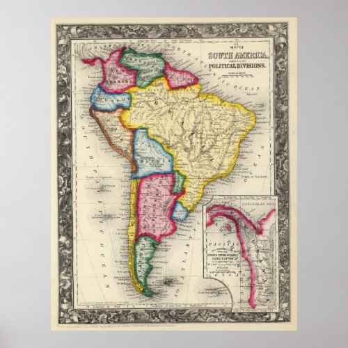 Vintage Map of South America 1860 Poster